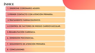 ÍNDICE
1. SÍNDROME CORONARIO AGUDO.
2.PRIMER CONTACTO CON ATENCIÓN PRIMARIA.
4.CONTROL DE FACTORES DE RIESGO CARDIOVASCULA...