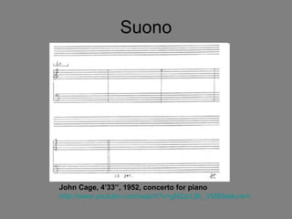 Suono John Cage, 4’33’’, 1952, concerto for piano http://www.youtube.com/watch?v=gN2zcLBr_VM&feature=related 