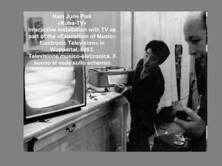 Nam June Paik «Kuba-TV» Interactive installation with TV as part of the «Exposition of Music–Electronic Television» in Wuppertal, 1963. Televisione musico-elettronica. Il suono si vede sullo schermo 