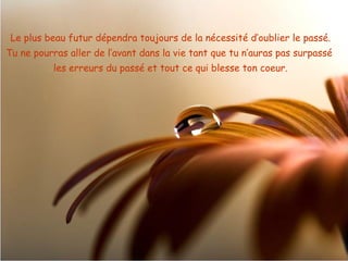 Le plus beau futur dépendra toujours de la nécessité d’oublier le passé.
Tu ne pourras aller de l’avant dans la vie tant que tu n’auras pas surpassé
          les erreurs du passé et tout ce qui blesse ton coeur.
 