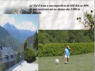 Le Val d'Aran a une superficie de 620 Km et 30%
de son territoire est au-dessus des 2.000 m
d'altitude.
 