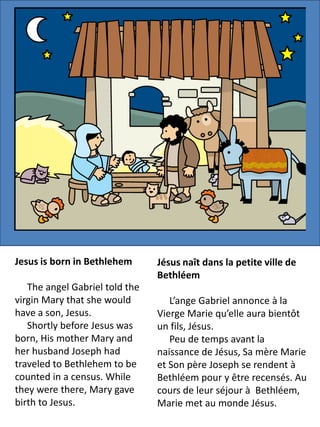Jesus is born in Bethlehem      Jésus naît dans la petite ville de
                                Bethléem
   The angel Gabriel told the
virgin Mary that she would         L’ange Gabriel annonce à la
have a son, Jesus.              Vierge Marie qu’elle aura bientôt
   Shortly before Jesus was     un fils, Jésus.
born, His mother Mary and          Peu de temps avant la
her husband Joseph had          naissance de Jésus, Sa mère Marie
traveled to Bethlehem to be     et Son père Joseph se rendent à
counted in a census. While      Bethléem pour y être recensés. Au
they were there, Mary gave      cours de leur séjour à Bethléem,
birth to Jesus.                 Marie met au monde Jésus.
 