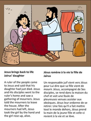 Jesus brings back to life       Jésus ramène à la vie la fille de
Jairus’ daughter                Jaïrus

A ruler of the people came      Un responsable juif vient vers Jésus
to Jesus and said that his      pour Lui dire que sa fille vient de
daughter had just died. Jesus   mourir. Jésus, accompagné de Ses
and His disciples went to the   disciples, se rend dans la maison du
ruler’s home and saw a          chef et voit une foule de
gathering of mourners. Jesus    pleureuses venues assister aux
told the mourners to leave      obsèques. Jésus leur ordonne de se
the house. After the            retirer. Une fois qu’Il a fait mettre
mourners had left, Jesus        tout le monde dehors, Jésus prend
took the girl by the hand and   la main de la jeune fille et celle-ci
the girl rose up, alive.        revient à la vie et se lève.
 