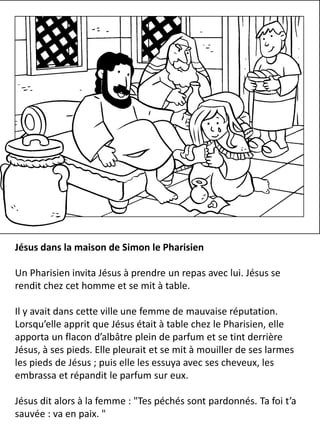 Jésus dans la maison de Simon le Pharisien
Un Pharisien invita Jésus à prendre un repas avec lui. Jésus se
rendit chez cet homme et se mit à table.
Il y avait dans cette ville une femme de mauvaise réputation.
Lorsqu’elle apprit que Jésus était à table chez le Pharisien, elle
apporta un flacon d’albâtre plein de parfum et se tint derrière
Jésus, à ses pieds. Elle pleurait et se mit à mouiller de ses larmes
les pieds de Jésus ; puis elle les essuya avec ses cheveux, les
embrassa et répandit le parfum sur eux.
Jésus dit alors à la femme : "Tes péchés sont pardonnés. Ta foi t’a
sauvée : va en paix. "
 