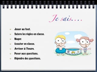 Je sais....
Jouer au foot.
Suivre les règles en classe.
Nager.
Écouter en classe.
Arriver à l’heure.
Poser aux questions.
Répndre des questions.
 
