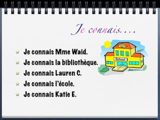 Je connais....

Je connais Mme Waid.
Je connais la bibliothèque.
Je connais Lauren C.
Je connais l’école.
Je connais Katie E.
 