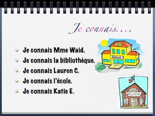 Je connais....

Je connais Mme Waid.
Je connais la bibliothèque.
Je connais Lauren C.
Je connais l’école.
Je connais Katie E.
 