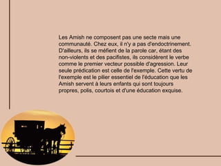 Les Amish ne composent pas une secte mais une communauté. Chez eux, il n'y a pas d'endoctrinement. D'ailleurs, ils se méfient de la parole car, étant des non-violents et des pacifistes, ils considèrent le verbe comme le premier vecteur possible d'agression. Leur seule prédication est celle de l'exemple. Cette vertu de l'exemple est le pilier essentiel de l'éducation que les Amish servent à leurs enfants qui sont toujours propres, polis, courtois et d'une éducation exquise. 