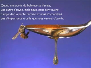 Quand une porte du bohneur se ferme,
une autre s’ouvre, mais nous, nous continuons
à regarder la porte fermée et nous n’accordons
pas d’importance à celle que nous venons d’ouvrir.
 