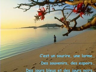 C’est un sourire, une larme… Des souvenirs, des espoirs… Des jours bleus et des jours noirs… 
