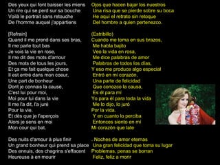 Des yeux qui font baisser les miens Un rire qui se perd sur sa bouche Voilà le portrait sans retouche De l'homme auquel j'appartiens [Refrain] Quand il me prend dans ses bras, Il me parle tout bas Je vois la vie en rose, Il me dit des mots d'amour Des mots de tous les jours, Et ça me fait quelque chose Il est entré dans mon coeur, Une part de bonheur Dont je connais la cause, C'est lui pour moi, Moi pour lui dans la vie Il me l'a dit, l'a juré Pour la vie. Et dès que je l'aperçois Alors je sens en moi Mon cour qui bat. Des nuits d'amour à plus finir Un grand bonheur qui prend sa place Des ennuis, des chagrins s'effacent Heureuse à en mourir  Ojos que hacen bajar los nuestros Una risa que se pierde sobre su boca He aquí el retrato sin retoque Del hombre a quien pertenezco. (Estribillo) Cuando me toma en sus brazos, Me habla bajito Veo la vida en rosa, Me dice palabras de amor Palabras de todos los días,  Y eso me produce algo especial Entró en mi corazón, Una parte de felicidad Que conozco la causa, Es él para mí Yo para él para toda la vida Me lo dijo, lo juró  Por la vida. Y en cuanto lo perciba Entonces siento en mí  Mi corazón que late . Noches de amor eternas Una gran felicidad que toma su lugar Problemas, penas se borran Feliz, feliz a morir  