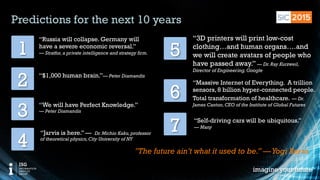 © 2015 Information Services Group, Inc. All Rights Reserved 13
Predictions for the next 10 years
1
“Russia will collapse. Germany will
have a severe economic reversal.”
— Stratfor,a private intelligence and strategy firm.
4
“Jarvis is here.” — Dr.Michio Kaku,professor
of theoretical physics,City University of NY
“$1,000 human brain.”— Peter Diamandis
2
5
“3D printers will print low-cost
clothing…and human organs….and
we will create avatars of people who
have passed away.” — Dr.Ray Kurzweil,
Director of Engineering,Google
3
“We will have Perfect Knowledge.”
— Peter Diamandis
6
“Massive Internet of Everything. A trillion
sensors, 8 billion hyper-connected people.
Total transformation of healthcare. — Dr.
James Canton,CEO of the Institute of Global Futures
7 “Self-driving cars will be ubiquitous.”
— Many
"The future ain’t what it used to be.” —Yogi Berra
 