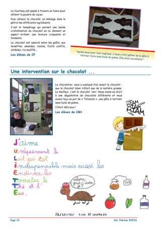 Le tourteau est passé à travers un tamis pour
obtenir la poudre de cacao.
Pour obtenir le chocolat, on mélange dans le
pétrin les différents ingrédients.
C'est le tempérage qui permet une bonne
cristallisation du chocolat en lui donnant un
aspect brillant, une texture croquante et
fondante.
Le chocolat est associé selon les goûts, aux
noisettes, amandes, raisins, fruits confits,
céréales, riz soufflé...
                                                          “Après nous avoir
                                                                            tout expliqué, il no
Les élèves de CP                                             tartiner faite sa                  us a fait goûter de
                                                                              ns huile de palme.                     la pâte à
                                                                                                  Elle était excelle
                                                                                                                     nte.”




Une intervention sur le chocolat ...

                                    Le chocolatier, nous a expliqué d’où venait le chocolat ;
                                    que le chocolat blanc n’était que de la matière grasse.
                                    Le meilleur, c’est le chocolat noir. Nous avons eu droit
                                    à une dégustation de chocolats différents et nous
                                    avons reçu un pot de « Totonuts », une pâte à tartiner
                                    sans huile de palme.
                                    C’était délicieux !
                                    Les élèves de CM1




Page 10                                                                                      Ste Thérèse INFOS
 