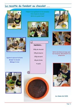 La recette du fondant au chocolat ...

                                 Préparer les ingrédients et les ustensiles
                                         Faire fondre le chocolat
                                         Battre les jaunes d’œuf




                                               Ingrédients :


                                              200g de chocolat
                                                                               Battre les blancs en neige, puis
                                               125g de beurre
                                                                              les incorporer délicatement à la
                                                                                         préparation
                                                125g de sucre
 Ajouter le sucre et la farine
     Brasser le chocolat                        60g de farine
       Mélanger le tout
                                                   4 oeufs




                                                                                   La classe de CLIS




                                                                                                        Page 11
 