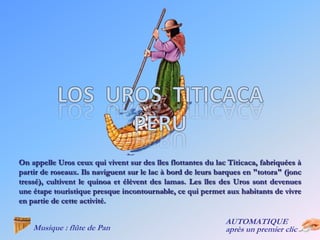 On appelle Uros ceux qui vivent sur des îles flottantes du lac Titicaca, fabriquées à
partir de roseaux. Ils naviguent sur le lac à bord de leurs barques en "totora" (jonc
tressé), cultivent le quinoa et élèvent des lamas. Les îles des Uros sont devenues
une étape touristique presque incontournable, ce qui permet aux habitants de vivre
en partie de cette activité.

                                                              AUTOMATIQUE
    Musique : flûte de Pan                                    après un premier clic
 