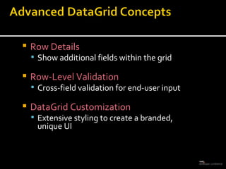 Row Details Show additional fields within the grid Row-Level Validation Cross-field validation for end-user input DataGrid Customization Extensive styling to create a branded,  unique UI 