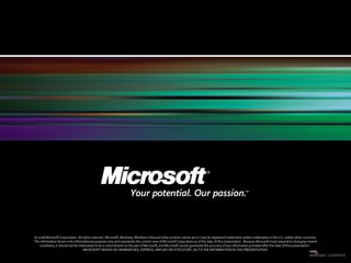 © 2008 Microsoft Corporation. All rights reserved. Microsoft, Windows, Windows Vista and other product names are or may be registered trademarks and/or trademarks in the U.S. and/or other countries. The information herein is for informational purposes only and represents the current view of Microsoft Corporation as of the date of this presentation.  Because Microsoft must respond to changing market conditions, it should not be interpreted to be a commitment on the part of Microsoft, and Microsoft cannot guarantee the accuracy of any information provided after the date of this presentation.  MICROSOFT MAKES NO WARRANTIES, EXPRESS, IMPLIED OR STATUTORY, AS TO THE INFORMATION IN THIS PRESENTATION. 
