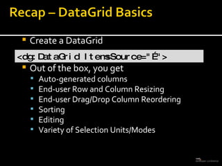 Create a DataGrid Out of the box, you get Auto-generated columns End-user Row and Column Resizing End-user Drag/Drop Column Reordering Sorting Editing Variety of Selection Units/Modes <dg:DataGrid ItemsSource=&quot;…&quot;> 