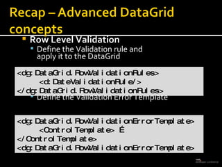 Row Level Validation Define the Validation rule and  apply it to the DataGrid   Define the Validation Error Template <dg:DataGrid.RowValidationRules> <d:DateValidationRule/> </dg:DataGrid.RowValidationRules> <dg:DataGrid.RowValidationErrorTemplate> <ControlTemplate> …  </ControlTemplate> <dg:DataGrid.RowValidationErrorTemplate> 