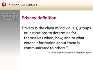 P UB LI C SA FE TY
and
I NSTIT UT IO NAL
A S S U R A N C E Privacy definition
“Privacy	is	the	claim	of	individuals,	groups...