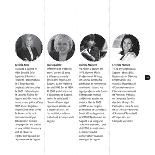 35
Davinia Bono
Nascuda a Sagunt en
1980. Estudià Cicle
Superior d’Admin. i
Finances i Diplomatura
de C Empresarials.
Empleada de banca des
de 2002. Fallera Major
de la Junta Fallera de
Sagunt en 2006. Inicia la
seua carrera política l’any
2007. Va ser Regidora
responsable de les àrees
de Benestar Social i
portaveu municipal.
Actualment, és mare i
compagina el seu treball
en una entitat financera
amb el càrrec de
regidor en l’oposició de
l’Ajuntament de Sagunt.
Gloria Calero
Infermera de professió,
exercí durant 25 anys
a diferents àrees de
gestió de l’hospital de
Sagunt. Va ser regidora
des del 1995 fins el 1999.
Al 2003 arribà al càrrec
d’alcaldessa de Sagunt,
tenint la satisfacció i
l’honor d’haver sigut
la primera alcaldessa
d’aquesta ciutat. En
l’actualitat, continua
treballant a l’hospital de
Sagunt.
Mónica Navarro
Va nàixer a Sagunt en
1972. Docent, Músic
Professional. Al llarg
de la seua carrera ha
participat en nombrosos
seminaris i cursos. Ha
sigut professora de flauta
i llenguatge musical
a diferents escoles de
música. Des de 2006
a 2010 va ser elegida
presidenta de la Societat
Musical Lira Saguntina.
Al 2009 l’Ajuntament de
Sagunt li va atorgar el
“PREMI 8 DE MARÇ”. Des
del 2006, és professora
i codirectora del
conservatori “Joaquín
Rodrigo” de Sagunt.
Cristina Plumed
Té 35 anys, nascuda a
Sagunt i té una filla.
Diplomada en Ciències
Empresarials i va
estudiar Organització
d’Esdeveniments en
l’Escola Internacional
de Protocol. Treballa
en l’empresa familiar
des dels 16 anys. En
l’actualitat i des de juny
de 2013 és la Presidenta
d’ Asecam, l’Associació
d’Empresaris del
Camp de Morvedre.
 