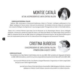 84
CURRICULUM PERSONAL I FALLER
València, 1983. Llicenciada en Comunicació Audiovisual, màster en ‘Formats i continguts audiovisuals en l’era
digital’ i postgrau de ‘Xarxes socials i intercanvi de coneixement’. Ha treballat en diversos mitjans de comunicació
com a Canal 9 o Mediapro i ha dirigit durant 7 anys el programafaller‘Protagonistes Les Falles’en Punt RadioValència.
Fallera de la comissió Maestro Lope-Josep Carsí de Burjassot on ha desenvolupat diversos càrrecs (delegada
d’infantils, comunicació, membre de l’equip de cultura o de redacció de llibret). Fou Fallera Major d’esta comissió al
2009. És component de JCF des de 2008, sempre en la delegació de Promoció Exterior. Des de juliol de 2016 ocupa el
càrrec de vicepresidenta primera de l’ens. Es troba al front de les delegacions de Comunicació i Promoció.
CURRICULUM FALLER
Fon presidenta de la Falla Palleter-Erudit Orellana entre els anys 2000 i 2002 i presidenta de l’Agrupació del Botànic
en 2002 i 2003.Així també, es convertí en la primera vicepresidenta de la Junta Central Fallera (JCF) entre 2003 i 2005.
Va ser jurat de FMV de Lola Flor, Sara Martín y Gueguel Masmanian. Congressista en l’últim congrés faller
del qual va eixir l’últim reglament faller.
Jurat de Corts d’Honor FM de Norte Doctor Zamenhoff en 1986.Delegada d’infantils y relacions
públiques en Palleter-Erudit Orellana. Assessora del president en la falla les Jovenils.
Cristina Burdeos
exvicepresidenta de Junta Central Fallera,
i primera dona a aquest càrrec
Montse Català
actual vicepresidenta de Junta Central Fallera
 