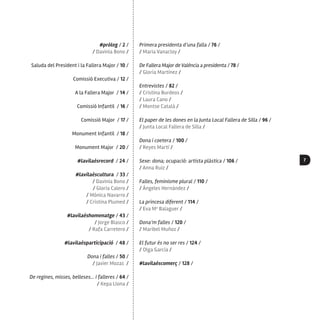 7
#pròleg / 2 /
/ Davinia Bono /
Saluda del President i la Fallera Major / 10 /
Comissió Executiva / 12 /
A la Fallera Major / 14 /
Comissió Infantil / 16 /
Comissió Major / 17 /
Monument Infantil / 18 /
Monument Major / 20 /
#lavilaésrecord / 24 /
#lavilaéscultura / 33 /
/ Davinia Bono /
/ Gloria Calero /
/ Mónica Navarro /
/ Cristina Plumed /
#lavilaéshomenatge / 43 /
/ Jorge Blasco /
/ Rafa Carretero /
#lavilaésparticipació / 48 /
Dona i falles / 50 /
/ Javier Mozas /
De regines, misses, belleses... i falleres / 64 /
/ Kepa Llona /
Primera presidenta d’una falla / 76 /
/ Maria Vanacloy /
De Fallera Major de València a presidenta / 78 /
/ Gloria Martínez /
Entrevistes / 82 /
/ Cristina Burdeos /
/ Laura Cano /
/ Montse Català /
El paper de les dones en la Junta Local Fallera de Silla / 96 /
/ Junta Local Fallera de Silla /
Dona i coetera / 100 /
/ Reyes Martí /
Sexe: dona; ocupació: artista plàstica / 106 /
/ Anna Ruiz /
Falles, feminisme plural / 110 /
/ Ángeles Hernández /
La princesa diferent / 114 /
/ Eva Ma
Balaguer /
Dona’m falles / 120 /
/ Maribel Muñoz /
El futur és no ser res / 124 /
/ Olga Garcia /
#lavilaéscomerç / 128 /
 