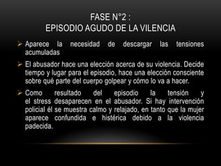 FASE N°2 :
EPISODIO AGUDO DE LA VILENCIA
 Aparece la necesidad de descargar las tensiones
acumuladas
 El abusador hace una elección acerca de su violencia. Decide
tiempo y lugar para el episodio, hace una elección consciente
sobre qué parte del cuerpo golpear y cómo lo va a hacer.
 Como resultado del episodio la tensión y
el stress desaparecen en el abusador. Si hay intervención
policial él se muestra calmo y relajado, en tanto que la mujer
aparece confundida e histérica debido a la violencia
padecida.
 