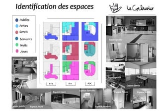 Identification des espaces
Publics
Prives
Servis
Servants
Nuits
Jours
R+1 RDCR+2
Espace public
Espace ServantsEspace Servants
Espace Servis
Espace public
Espace publicEspace Prives
Espace Servants
Espace Servants
Espace Jours
Espace JoursEspace public
Espace public
Espace Servis
 