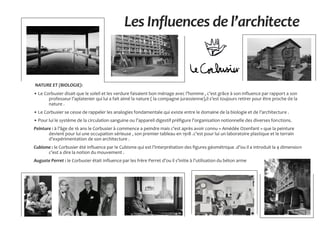 NATURE ET (BIOLOGIE):
• Le Corbusier disait que le soleil et les verdure faisaient bon ménage avec l’homme , c’est grâce à son influence par rapport a son
professeur l’aplatenier qui lui a fait aimé la nature ( la compagne jurassienne),il s’est toujours retirer pour être proche de la
nature .
• Le Corbusier se cesse de rappeler les analogies fondamentale qui existe entre le domaine de la biologie et de l’architecture .
• Pour lui le système de la circulation sanguine ou l’appareil digestif préfigure l’organisation notionnelle des diverses fonctions.
Peinture : à l’âge de 16 ans le Corbusier à commence a peindre mais c’est après avoir connu « Amédée Ozenfant » que la peinture
devient pour lui une occupation sérieuse , son premier tableau en 1918 .c’est pour lui un laboratoire plastique et le terrain
d’expérimentation de son architecture .
Cubisme : le Corbusier été influence par le Cubisme qui est l’interprétation des figures géométrique .d’ou il a introduit la 4 dimension
c’est a dire la notion du mouvement .
Auguste Perret : le Corbusier était influence par les frère Perret d’ou il s’initie à l’utilisation du béton arme
Les Influences de l’architecte
 