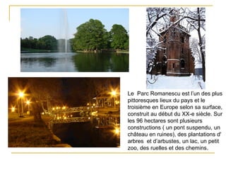 Le Parc Romanescu est l’un des plus
pittoresques lieux du pays et le
troisième en Europe selon sa surface,
construit au début du XX-e siècle. Sur
les 96 hectares sont plusieurs
constructions ( un pont suspendu, un
château en ruines), des plantations d'
arbres et d’arbustes, un lac, un petit
zoo, des ruelles et des chemins.
 