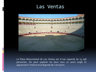 Las Ventas




La Plaza Monumental de Las Ventas est d´une capacité de 23 798
personnes. On peut explorer les lieux sous un autre angle et
apprennent l´histoire et la légende de l´art taurin.
 