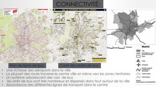 CONNECTIVITÉ:
• Une richesse des aéroports dans la ville
• La plupart des route traverse le centre ville et mène vers les zones territoires
• Un système arborescent des vois de bus
• les arrêt de bus sont très nombreux et dispersés dans tout autour de la ville
• Abondance des différentes lignes de transport dans le centre
Plan de ligne de bus Carte des arrêts de bus
 