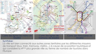 Carte des lignes de métro de
Madrid
Carte des ferroviaires de
Madrid
Carte des lignes de
tramway de Madrid
Synthèse:
La ville est bien connecté aux autres zones territoires par les différentes moyens
de transport (bus, train, tramway, métro…) à cause de sa position touristique et
qui considère la 4ème plus grande ville au terme de nombre de touristes dans
l'Europe
 