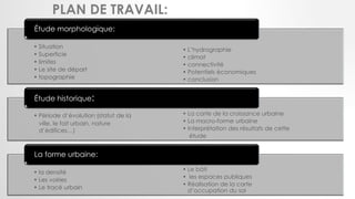 PLAN DE TRAVAIL:
• Situation
• Superficie
• limites
• Le site de départ
• topographie
Étude morphologique:
• Période d’évolution (statut de la
Étude historique:
• la densité
• Les voiries
• Le tracé urbain
La forme urbaine:
• La carte de la croissance urbaine
• La macro-forme urbaine
• Interprétation des résultats de cette
étude
• Le bâti
• les espaces publiques
• Réalisation de la carte
d’occupation du sol
• L’hydrographie
• climat
• connectivité
• Potentiels économiques
• conclusion
ville, le fait urbain, nature
d’édifices…)
 