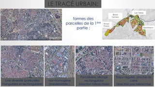 LE TRACÉ URBAIN:
formes des
parcelles de la 1ère
partie :
Trapu régulier, proche de
carré
Direction pas hiérarchisé
non-homogène
(trapézoïdale ).
Parcellaires allongé
rectangulaire
Direction hiérarchisée
Une diversité (parecelles
triangulaire et rectangulaire)
 