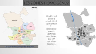 LES ZONES HOMOGÈNES:
Madrid est
divisée
administrati
vement en
21
arrondisse
ments
(distritos),
subdivisés
en 129
quartiers
(barrios).
La carte des zones de madrid
 