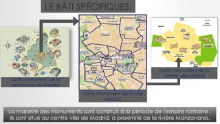 LE BÂTI SPÉCIFIQUES:
carte monument de la ville
Madrid
carte monument de la
centre ville Madrid
carte monument de la
commune de Madrid
La majorité des monuments sont construit à la période de l'empire romaine ,
Ils sont situé au centre ville de Madrid, a proximité de la rivière Manzanares.
 