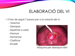 ELABORACIÓ DEL VI
• S’han de seguir 7 passos per a la creació del vi:
- Veremar
- Desrapar
- Esprémer o xafar
- Premsar
- Fermentar
- Clarificar
- Envellir
Màquina per desrapar raïm
 