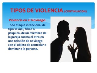 TIPOS DE VIOLENCIA  (CONTINUACION) Violencia en el Noviazgo. Todo ataque intencional de tipo sexual, físico o psíquico, de un miembro de la pareja contra el otro en una relación de noviazgo   con el objeto de controlar o dominar a la persona. 