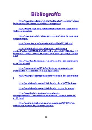 Bibliografía
      http://www.igualdadenred.com/index.php/violencia/violenc
ia-de-genero/181-tipos-de-violencia-de-genero

     http://www.slideshare.net/martinana/tipos-y-causas-de-la-
violencia-de-gnero

     http://www.guiaviolenciadegenero.com/sobre-la-violencia-
de-genero.php

     http://mujer.terra.es/muj/articulo/html/mu213307.htm

      http://institutoasturianodelamujer.com/iam/wp-
content/uploads/2011/05/Gu%C3%ADa_diagn%C3%B3sitco_int
ervenci%C3%B3n_violencia_atenci%C3%B3n_primar%C3%AD
a.pdf

    http://www.fundacionmujeres.es/maletincoeducacion/pdf/
CUAD5horiz.pdf

     http://rosacandel.es/2010/04/10/por-que-las-mujeres-
maltratadas-no-abandonan-a-sus-agresores/

     http://www.psicoterapeutas.com/violencia_de_genero.htm
l

     http://es.wikipedia.org/wiki/Violencia_de_g%C3%A9nero

     http://es.wikipedia.org/wiki/Violencia_contra_la_mujer

     http://www.taringa.net/posts/apuntes-y-
monografias/5617711/Violencia-de-Genero-_trabajo-practico-
n_-2_.html

     http://lacomunidad.elpais.com/a-casanova/2010/10/14/-
cuales-son-causas-la-violencia-genero-




                              23
 