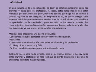 Afectividad

En una escuela se da la socialización, es decir, se entablan relaciones entre los
alumnos y éstos con los profesores. A veces, estas relaciones suelen estar
marcadas por cierta tensión, pero ¿Por todo aquello que haga mal el alumno o
que no haga ha de ser castigado? La respuesta es no, ya que el castigo suele
acarrear múltiples problemas emocionales. Una de las soluciones para combatir
la agresividad es la afectividad; pues no solo es importante enseñar los
conocimientos, sino también enseñar cómo crear buenas relaciones y vínculos
con los demás, ya que somos seres sociales por naturaleza.

Medidas para programar una buena afectividad:
-Conocer las actitudes correctas a desarrollar en cada situación.
-Realizarlas.
-Crear y conservar vínculos afectivos entre los alumnos y los profesores.
-El diálogo (instrumento muy útil)
-Facilitar que el alumno tenga una autoestima adecuada.

Cultivarla no es para nada sencillo, pero es necesario porque si no hay lazos
entre alumnos y profesores es más fácil que se pierda el respeto, y por ello la
enseñanza resultará más complicada.
 