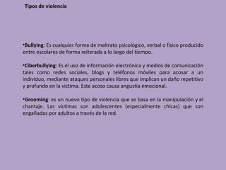 Tipos de violencia




•Bullying: Es cualquier forma de maltrato psicológico, verbal o físico producido
entre escolares de forma reiterada a lo largo del tiempo.

•Ciberbullying: Es el uso de información electrónica y medios de comunicación
tales como redes sociales, blogs y teléfonos móviles para acosar a un
individuo, mediante ataques personales libres que implican un daño repetitivo
y profundo en la victima. Este acoso causa angustia emocional.

•Grooming: es un nuevo tipo de violencia que se basa en la manipulación y el
chantaje. Las víctimas son adolescentes (especialmente chicas) que son
engañadas por adultos a través de la red.
 