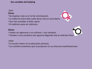 Dos variables del bullying


-Sexo
Chicas
• Se implican más en el rol de victimización.
• La violencia entre ellas suele darse más en secundaria.
• Son más sensibles al dolor ajeno.
• El maltrato suele ser indirecto.

Chicos
• Suelen ser agresores y no víctimas. ( casi siempre)
• Tienden a una conducta más agresiva llegando más al maltrato físico.

-Edad
• Es mucho menor en la educación primaria.
• Los cambios evolutivos que se producen en sus diversas manifestaciones.
 
