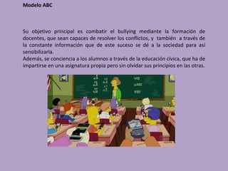 Modelo ABC



Su objetivo principal es combatir el bullying mediante la formación de
docentes, que sean capaces de resolver los conflictos, y también a través de
la constante información que de este suceso se dé a la sociedad para así
sensibilizarla.
Además, se conciencia a los alumnos a través de la educación cívica, que ha de
impartirse en una asignatura propia pero sin olvidar sus principios en las otras.
 