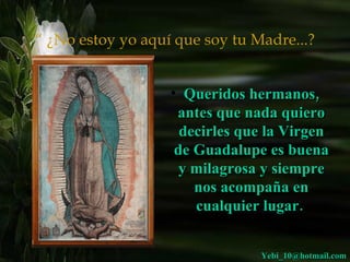 “  ¿No estoy yo aquí que soy tu Madre...? Queridos hermanos, antes que nada quiero decirles que la Virgen de Guadalupe es buena y milagrosa y siempre nos acompaña en cualquier lugar.   [email_address] 