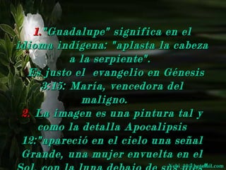 1. "Guadalupe" significa en el
idioma indígena: "aplasta la cabeza
            a la serpiente".
  Es justo el evangelio en Génesis
      3:15: María, vencedora del
              maligno.
 2. La imagen es una pintura tal y
     como la detalla Apocalipsis
 12:"apareció en el cielo una señal
 Grande, una mujer envuelta en el
                           Yebi_10@hotmail.com
 