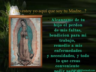 “ ¿No estoy yo aquí que soy tu Madre...?

                   • Alcanzame de tu
                      hijo el perdon
                       de mis faltas,
                    bendicion para mi
                          trabajo,
                      remedio a mis
                       enfermedades
                   y necesidades, y todo
                        lo que creas
                       conveniente
                                Yebi_10@hotmail.com
 