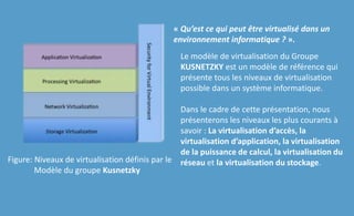 Le modèle de virtualisation du Groupe
KUSNETZKY est un modèle de référence qui
présente tous les niveaux de virtualisation
possible dans un système informatique.
Dans le cadre de cette présentation, nous
présenterons les niveaux les plus courants à
savoir : La virtualisation d’accès, la
virtualisation d’application, la virtualisation
de la puissance de calcul, la virtualisation du
réseau et la virtualisation du stockage.Figure: Niveaux de virtualisation définis par le
Modèle du groupe Kusnetzky
« Qu’est ce qui peut être virtualisé dans un
environnement informatique ? ».
 