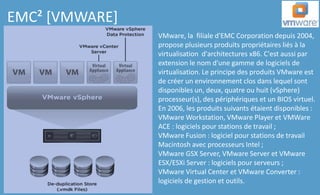 VMware, la filiale d'EMC Corporation depuis 2004,
propose plusieurs produits propriétaires liés à la
virtualisation d'architectures x86. C'est aussi par
extension le nom d'une gamme de logiciels de
virtualisation. Le principe des produits VMware est
de créer un environnement clos dans lequel sont
disponibles un, deux, quatre ou huit (vSphere)
processeur(s), des périphériques et un BIOS virtuel.
En 2006, les produits suivants étaient disponibles :
VMware Workstation, VMware Player et VMWare
ACE : logiciels pour stations de travail ;
VMware Fusion : logiciel pour stations de travail
Macintosh avec processeurs Intel ;
VMware GSX Server, VMware Server et VMware
ESX/ESXi Server : logiciels pour serveurs ;
VMware Virtual Center et VMware Converter :
logiciels de gestion et outils.
EMC² [VMWARE]
 